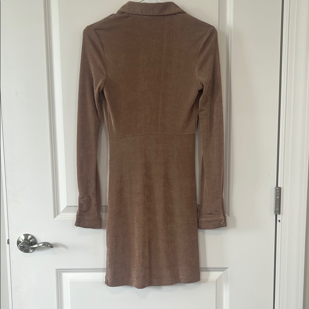 Bardot Brown Ruched Long Sleeve Shirt Dress - Picture 8 of 8